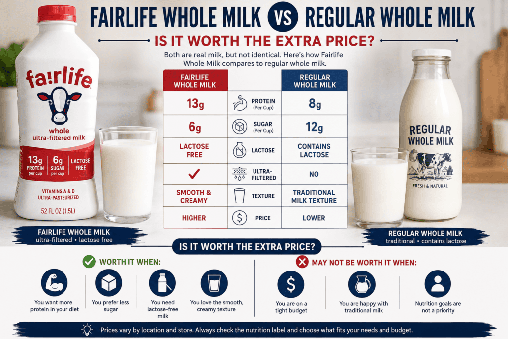 Fairlife Whole Milk vs Regular Whole Milk comparison showing protein, sugar, lactose, texture, and price differences
