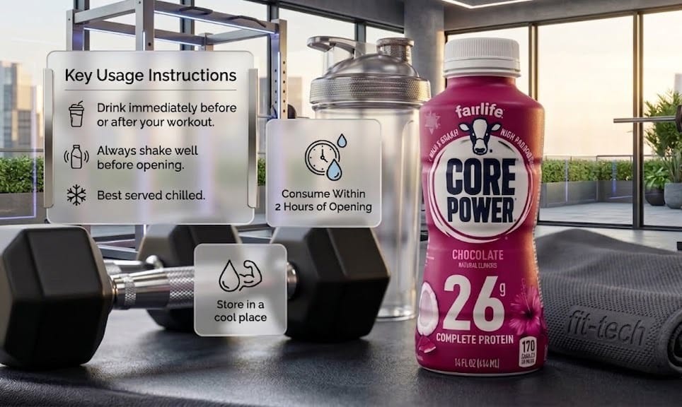 Fairlife Core Power Chocolate protein shake next to dumbbells and workout instructions in a gym setting.