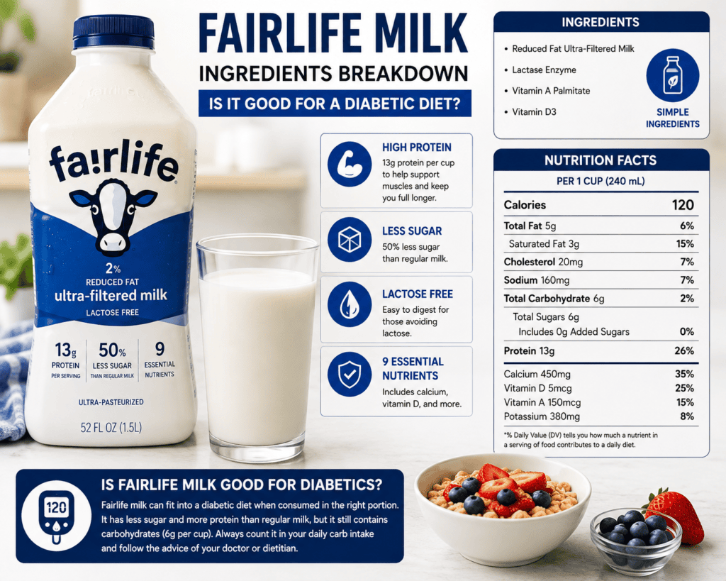 Fairlife milk infographic detailing ingredients and nutrition facts for a diabetic diet, showing a reduced fat ultra-filtered milk bottle alongside a glass of milk and cereal bowl.