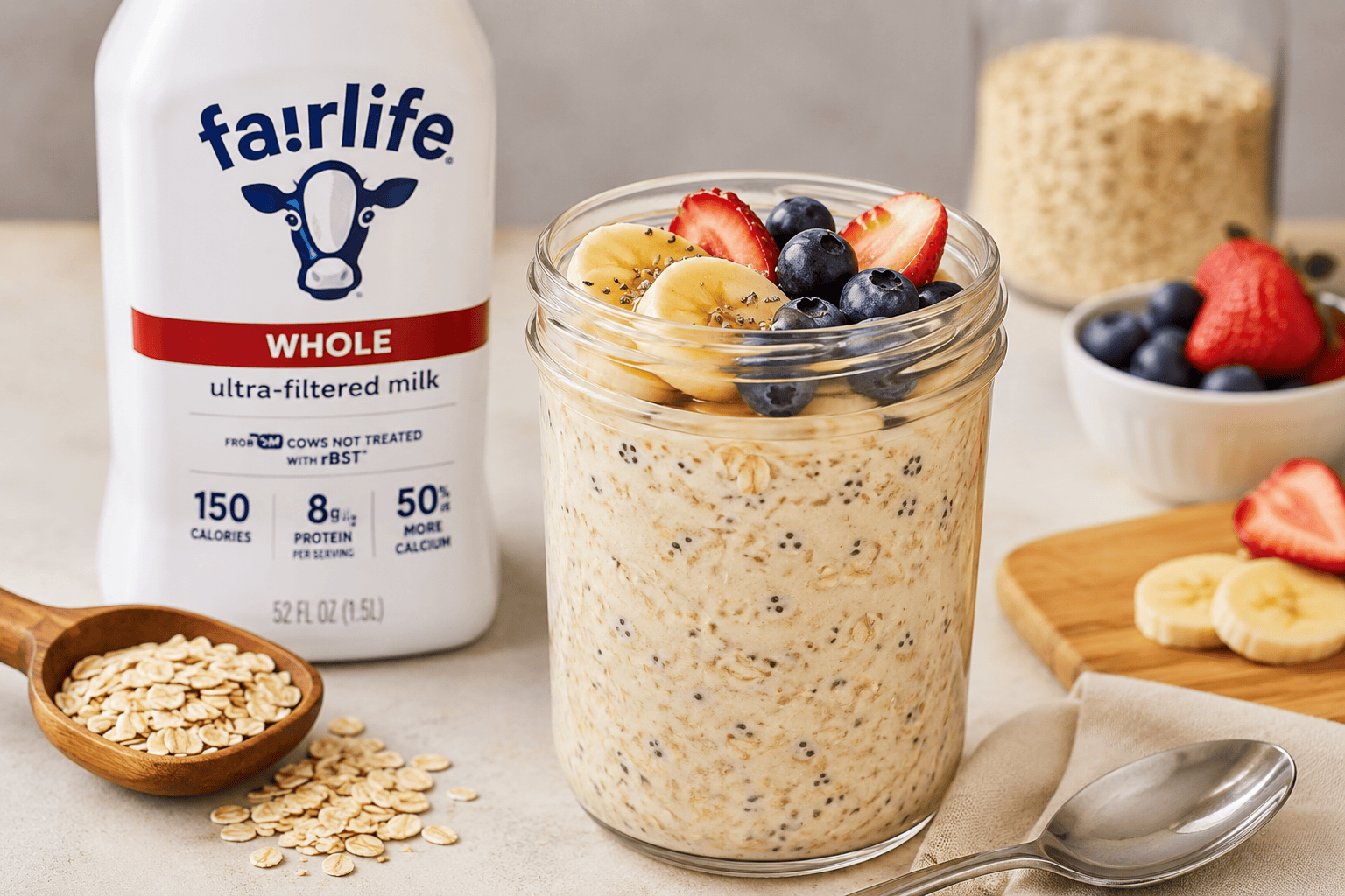 Fairlife Whole Milk overnight oats topped with banana, strawberries, blueberries, and chia seeds