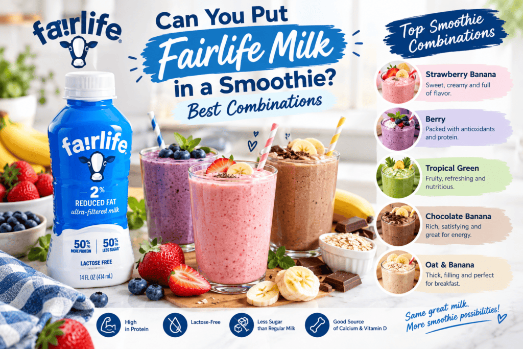 Fairlife milk in a smoothie with strawberries and banana